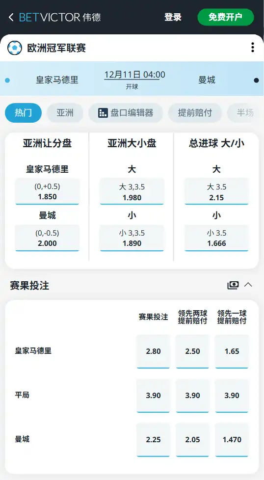 皇马vs曼城-欧冠赔率和盘口信息-伟德(betvictor)提供