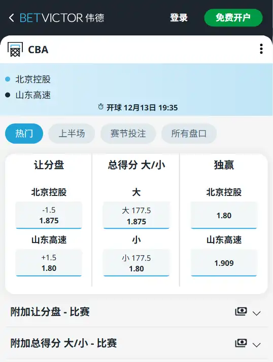 北京控股vs山东高速-CBA博彩赔率和盘口信息-伟德(betvictor)提供