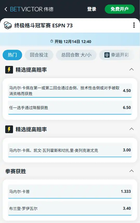 拉斯维加斯UFC格斗之夜-主赛赔率和盘口信息-伟德(BetVictor)