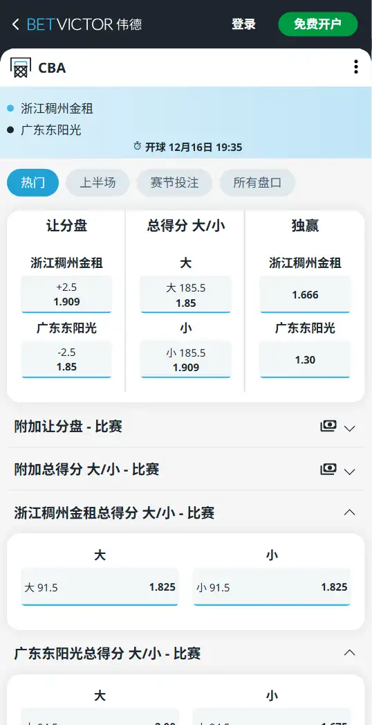 浙江稠州金租vs广东东阳光-CBA博彩赔率和盘口信息-伟德(betvictor)提供