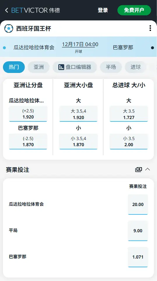 瓜达拉哈拉vs巴塞罗那，西班牙国王杯赔率和盘口信息-伟德(BetVictor)提供