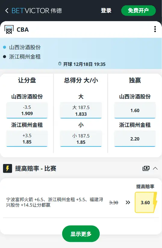 山西汾酒vs浙江稠州金租-CBA博彩赔率和盘口信息-伟德(betvictor)提供