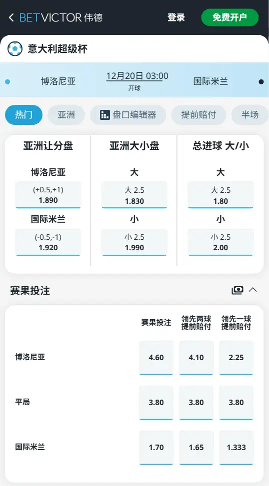 博洛尼亚vs国际米兰，意大利超级杯赔率和盘口信息-伟德(BetVictor)提供
