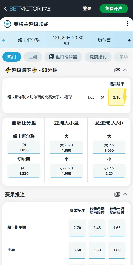 纽卡斯尔联vs切尔西，英超赔率和盘口信息-188bet(taptap)提供