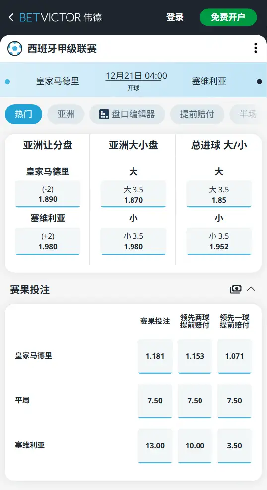皇家马德里vs塞维利亚，西甲赔率和盘口信息-188bet(taptap)提供