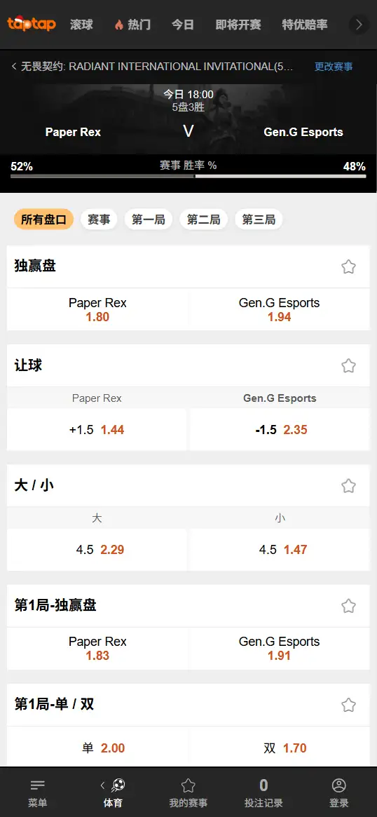 无畏契约 | GEN vs PRX | 源能国际邀请赛总决赛 | 赔率盘口信息 - 188bet(TapTap)提供