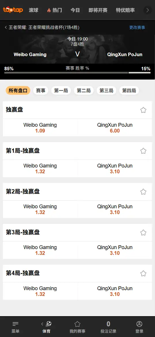 王者荣耀挑战者杯 - 北京WB vs 青训破军 - 赔率盘口信息-188bet(TapTap)提供