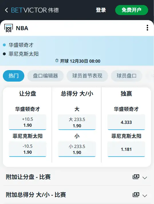 奇才vs太阳-NBA博彩赔率和盘口信息-伟德(betvictor)提供