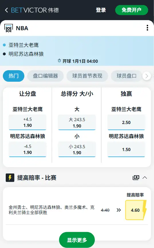 老鹰vs森林狼-NBA博彩赔率和盘口信息-伟德(betvictor)提供