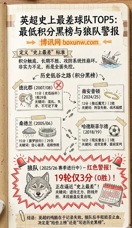 英超史上最差球队TOP5 | 最低积分黑榜 | 2025/26狼队拉响警报