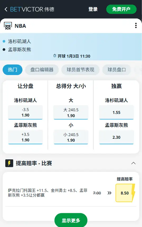 湖人vs灰熊-NBA博彩赔率和盘口信息-伟德(betvictor)提供
