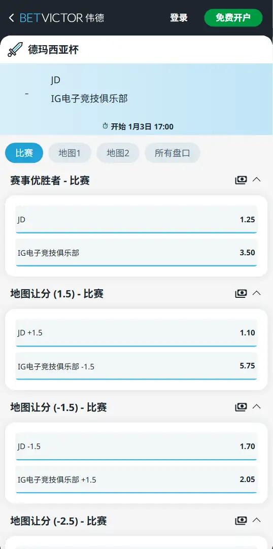 2025德玛西亚杯总决赛 IG vs JDG 赔率盘口信息伟德(BetVictor)提供