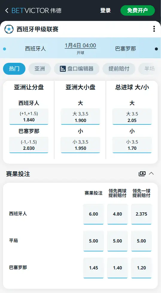 西班牙人vs巴塞罗那，西甲赔率和盘口信息-伟德(BetVictor)提供