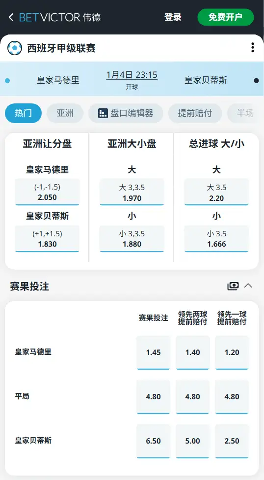 皇马vs贝蒂斯，西甲赔率和盘口信息-188bet(taptap)提供