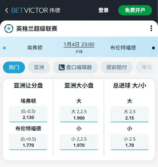 埃弗顿vs布伦特福德，英超赔率和盘口信息-188bet(taptap)提供
