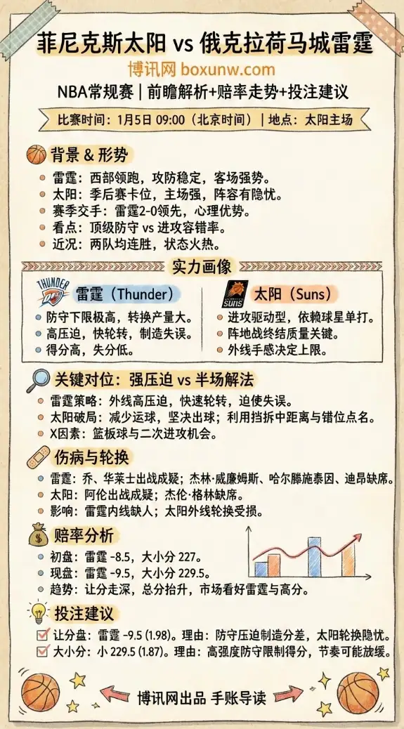 菲尼克斯太阳 vs 俄克拉荷马城雷霆 | NBA常规赛 | 前瞻解析+赔率走势+投注建议