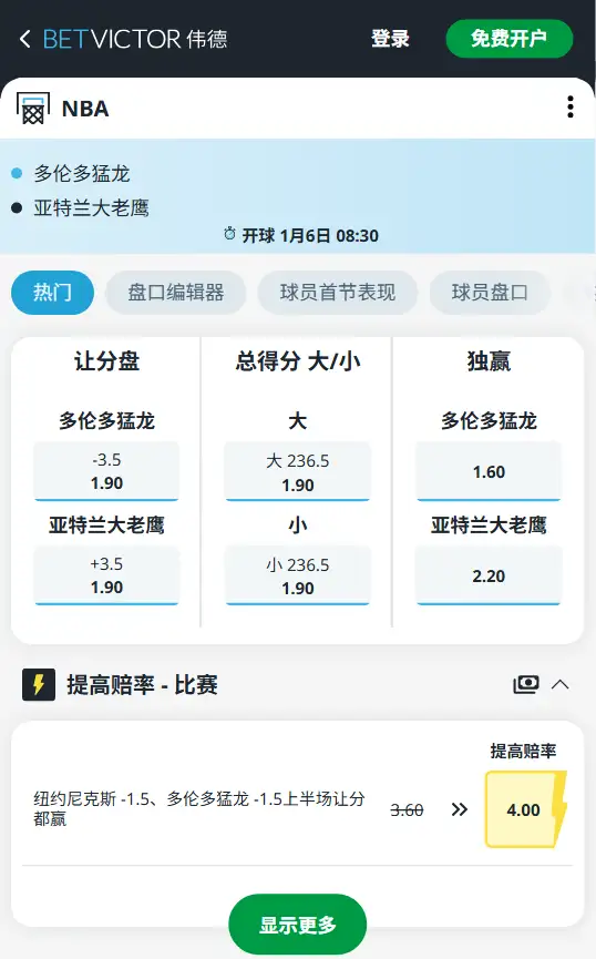猛龙vs老鹰-NBA博彩赔率和盘口信息-伟德(betvictor)提供