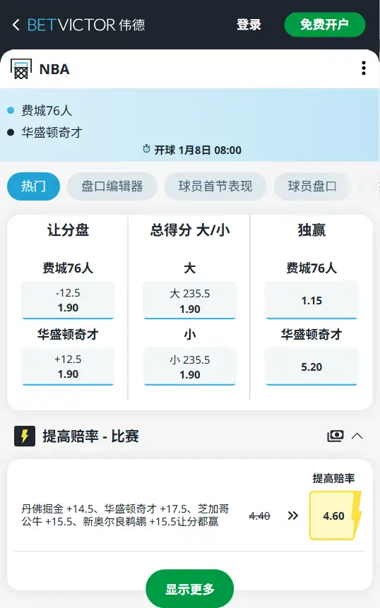 76人vs奇才-NBA博彩赔率和盘口信息-伟德(betvictor)提供