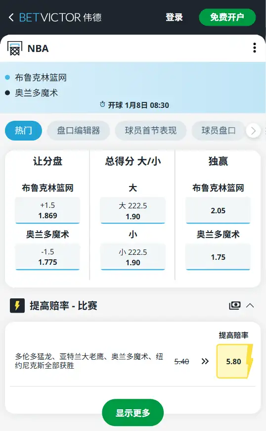 篮网vs魔术-NBA博彩赔率和盘口信息-伟德(betvictor)提供