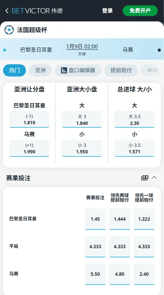 巴黎圣日耳曼vs马赛，法国超级杯 - 赔率和盘口信息-伟德(BetVictor)提供