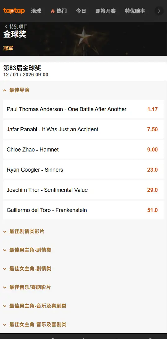 第83届金球奖赔率 | 最新数据 - 188bet(TapTap)提供