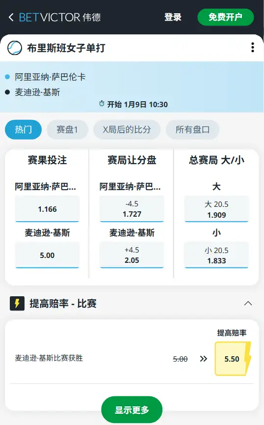 WTA500布里斯班 | 萨巴伦卡 vs 基斯 - 赔率信息 - 伟德（BetVictor）