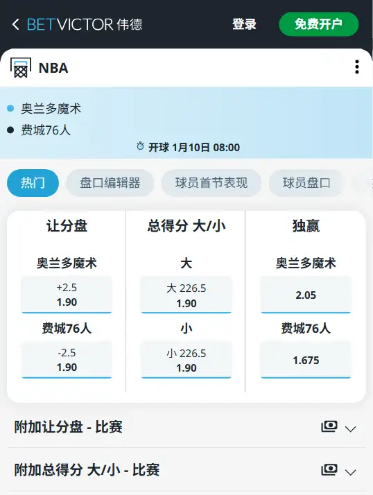 魔术vs76人-NBA博彩赔率和盘口信息-伟德(betvictor)提供