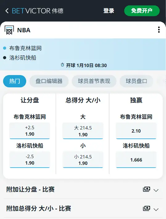 篮网vs快船-NBA博彩赔率和盘口信息-伟德(betvictor)提供