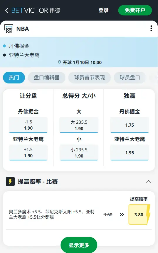 掘金vs老鹰-NBA博彩赔率和盘口信息-伟德(betvictor)提供