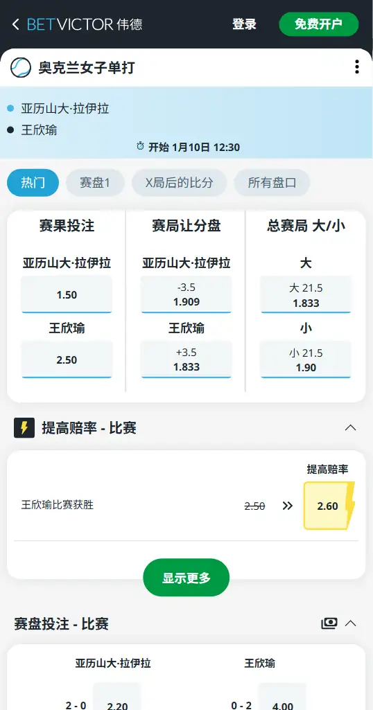 WTA250奥克兰半决赛 - 王欣瑜 vs 伊埃拉 - 赔率和盘口信息 - 伟德(BetVictor)提供