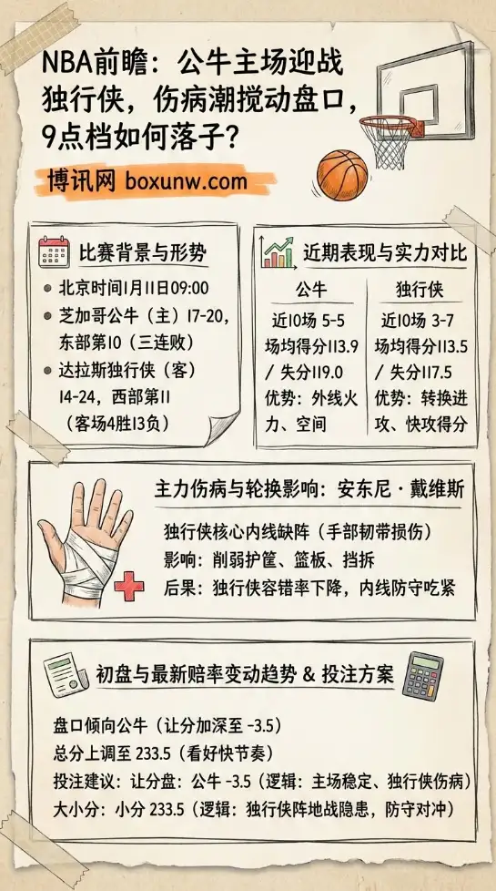 NBA前瞻：公牛主场迎战独行侠，伤病潮搅动盘口，9点档如何落子？