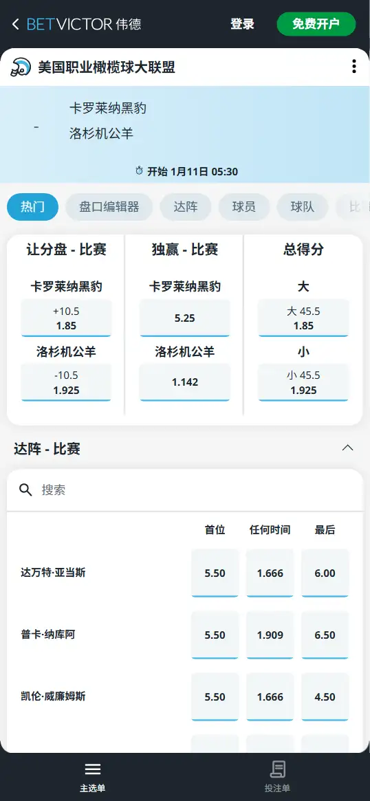 黑豹vs公羊-NFL博彩赔率和盘口信息-伟德(betvictor)提供