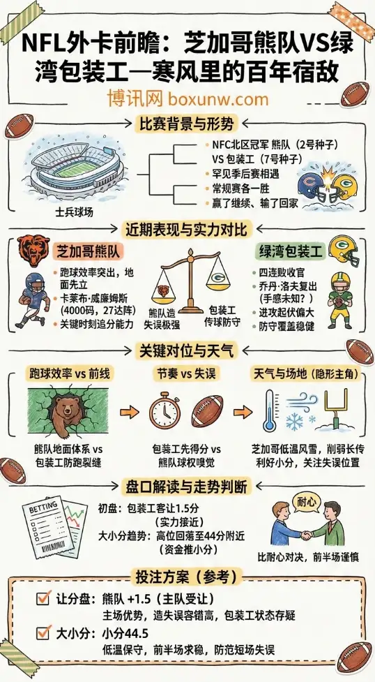 NFL外卡前瞻：芝加哥熊队VS绿湾包装工—寒风里的百年宿敌，盘口走向与投注技巧