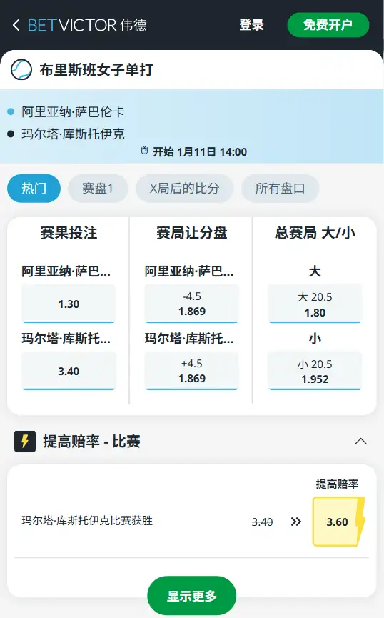 萨巴伦卡 vs 科斯秋克 - 布里斯班女单决赛 - 博彩赔率和盘口信息-伟德(betvictor)提供