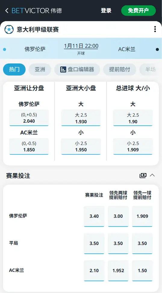 佛罗伦萨vsAC米兰，意甲赔率和盘口信息-188bet(taptap)提供