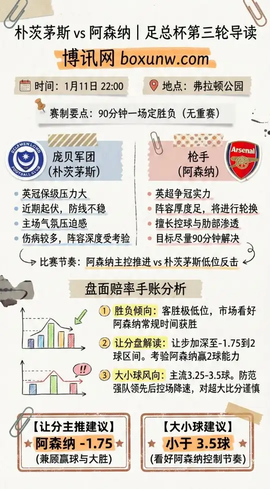 朴茨茅斯 vs 阿森纳 | 足总杯第三轮 | 赛前形势&赔率走势解读