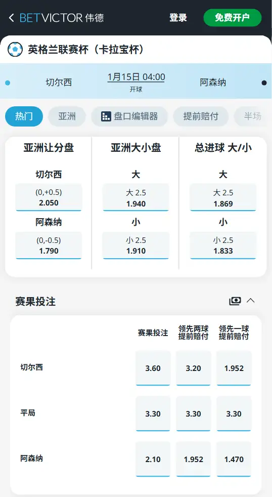 切尔西vs阿森纳，英联杯赔率和盘口信息-188bet(taptap)提供