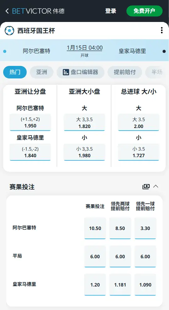 阿尔巴塞特vs皇马，西班牙国王杯 - 赔率和盘口信息-188bet(taptap)提供